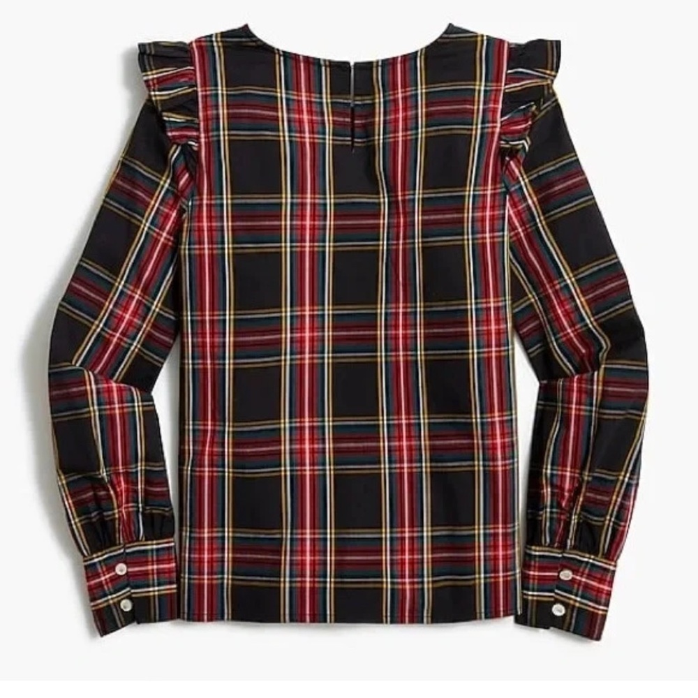 J Crew XS Poplin Stewart Tartan Plaid Blouse Top Holiday Ruffle Detail Women